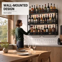 HOMCOM Wall-Mounted Wine Rack with LED Lights, Glass Holders, Open Shelf, Metal Storage Rack, Black(m-6)