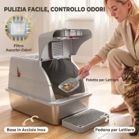 PawHut Lettiera Gatto Chiusa XL in Acciaio Inox con Coperchio, Gradino Raccogli-lettiera, Paletta, Grigio Chiaro(m-6)