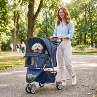 PawHut Carrinho Dobrável para Cães Pequenos até 10 kg com 3 Rodas, Capota, Cesta, Janelas em Rede e Porta-copos, Azul-Escuro(m-10)