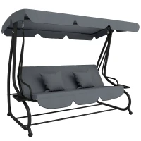 Outsunny Balancelle de jardin 3 places convertible toit inclinaison réglable 2 tablettes 2 x 1,2 x 1,64 m acier gris foncé(m-1)