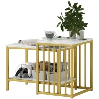 HOMCOM Modern Coffee Table Set of Two, Marble-Effect Nesting Side Tables with Steel Frame for Living Room, Gold Tone(m-11)