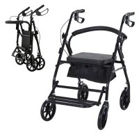 HOMCOM Cadru de mers pliabil pentru vârstnici cu șezut și 4 roți mâner ergonomic reglabil pe înălțime frâne cu levier coș negru(m-5)