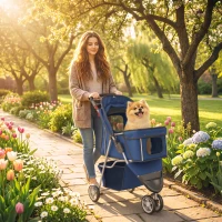 PawHut Carrinho Dobrável para Cães Pequenos até 10 kg com 3 Rodas, Capota, Cesta, Janelas em Rede e Porta-copos, Azul-Escuro(m-8)