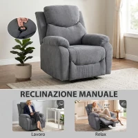 HOMCOM Poltrona Reclinabile Manuale in Tessuto Effetto Lino con Poggiapiedi e Braccioli Imbottiti, Grigio Scuro(m-4)