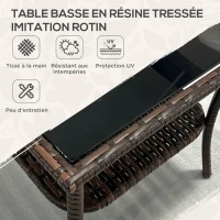 Outsunny Table d'appoint en résine tressée 2 niveaux 50x50x45cm, table basse de jardin carrée plateau en verre trempé, marron(m-4)