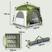Outsunny Tente de camping pop-up 3 personnes, dôme familiale avec 4 portes, 4 fenêtres et sac de transport – Vert et gris(m-3)