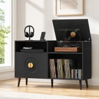 HOMCOM Record Player Stand, Vinyl Record Holder with Storage Holds Up to 300 Albums with Flip-Top Compartment, Black(m-14)