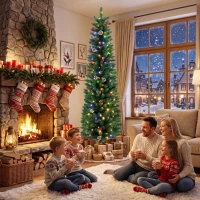 HOMCOM Sapin de Noël Artificiel Crayon 180cm, Pré-éclairé 170 LEDs, 11 Modes, 351 Branches, Télécommande, Base Amovible, Vert(m-9)