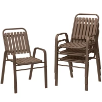 Outsunny Lot de 4 chaises de jardin chaises empilables d'extérieur haut dossier et accoudoirs cadre acier 56x66x91cm marron foncé(m-12)