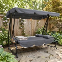 Outsunny Balancelle de jardin 3 places convertible toit inclinaison réglable 2 tablettes 2 x 1,2 x 1,64 m acier gris foncé(m-2)