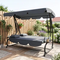 Outsunny Balancelle de jardin 3 places convertible toit inclinaison réglable 2 tablettes 2 x 1,2 x 1,64 m acier gris foncé(m-14)