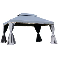 Outsunny Tonnelle de jardin extérieur 3,9 x 2,9 m, barnum avec toit double, rideaux et moustiquaire, tente de réception en aluminium, tonnelle pour terrasse patio mariage baptême, gris(m-1)