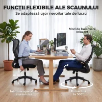 HOMCOM Scaun de birou ergonomic rotativ cu brațe rabatabile, funcție de balans, înălțime reglabilă, din plasă, negru(m-6)