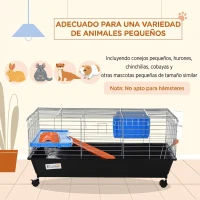 PawHut Jaula para Animales Pequeños, Jaula para Roedores con Ruedas, Botella de Agua, Comedero, Dispensador de Heno, Plataforma, Rampa, Bandeja Extraíble, para Conejos y Cobayas, 89x44x43 cm, Negro(m-4)