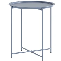 Outsunny Table Basse Ronde Table d'Appoint Plateau Amovible avec Bord Relevé Pieds Pliables en Métal Ø46x53cm Bleu Gris(m-12)