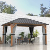 Outsunny Tonnelle de jardin avec toit rigide en métal galvanisé, structure en aluminium, rideaux et moustiquaires, 3x4 m(m-2)