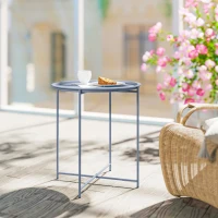 Outsunny Table Basse Ronde Table d'Appoint Plateau Amovible avec Bord Relevé Pieds Pliables en Métal Ø46x53cm Bleu Gris(m-10)