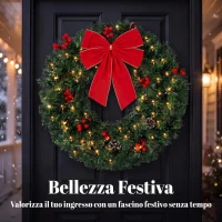 HOMCOM Ghirlanda Natalizia da 60 cm con Luci LED 8 Modalità, Fiocco, 140 Rami, Pigne e Bacche, Verde(m-4)