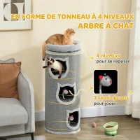 PawHut Tonneau à gratter, tour à griffer en sisal et bord en peluche, 3 niveaux avec plate-forme, stable, Ø 38 x 96 cm gris(m-4)