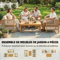Outsunny Salon de Jardin Ensemble de Mobilier 4 Pièces en Bois d'Acacia Coussins Déhoussables et Corde Tressée Naturel(m-4)