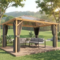 Outsunny Tonnelle de Jardin Pavillon Extérieur Aspect Bois Toit Rigide en Polycarbonate UV50+ Imperméable 398x298x262cm Naturel(m-11)