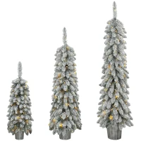 HOMCOM 3er-Set beschneite künstliche Weihnachtsbäume, vorbeleuchtet mit PVC-Zweigspitzen und warmweißen LED-Lichtern(m-12)