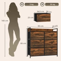HOMCOM Cómoda con 6 Cajones Plegables Cajonera de Tela con Estructura de Acero Estilo Industrial 79x29x85 cm Marrón Rústico(m-3)