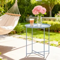 Outsunny Table Basse Ronde Table d'Appoint Plateau Amovible avec Bord Relevé Pieds Pliables en Métal Ø46x53cm Bleu Gris(m-2)