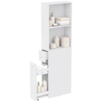HOMCOM Dulap Baie Slim cu Organizator Glisant pe Roți, Sertar și Raft Reglabil, MDF, 18 x 40 x 135 Cm, Alb(m-11)