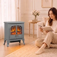 HOMCOM Freestanding Electric Fireplace Stove Heater with LED Fire Flame Effect Grey(m-14)