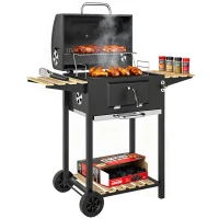 Outsunny Barbecue charbon de bois réglable en hauteur avec grille, couvercle, thermomètre, étagères, roues et décapsuleur, noir(m-11)