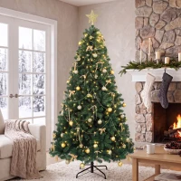 HOMCOM Dekorativer Weihnachtsbaum 230 cm mit 296 LEDs 755 feuerhemmende Zweige Spitze 42 Kugeln 30 Schleifen Deko Gold Grün(m-6)