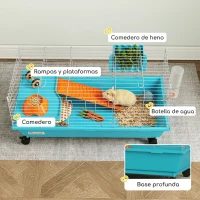 PawHut Jaula para Animales Pequeños con Ruedas Botella Comedero Dispensador de Heno para Conejos y Cobayas 89x44x43 cm Azul(m-6)