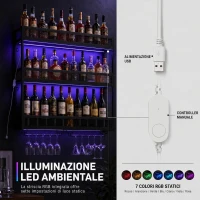 HOMCOM Portabottiglie da Parete con Luci LED e Porta Calici Stile Industriale, 100x15x80 cm, Nero(m-5)