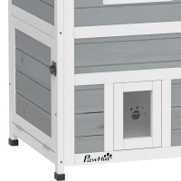 PawHut Wooden Cat House 2-Floor Outdoor Kitten Shelter with 3 Doors and Window Grey(m-11)