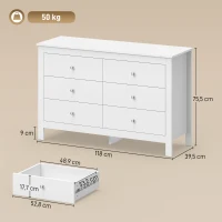 HOMCOM Commode 6 Tiroirs, Meuble de Rangement avec Glissières Fluides, Chiffonnier, Style Moderne, 118 x 39,5 x 75,5 cm, Blanc(m-3)