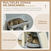 PawHut Mini Rascador para Gatos con Postes de Yute Plataforma en U Cama de Felpa y Juguetes Colgantes 60x30x76 cm Gris Claro(m-5)