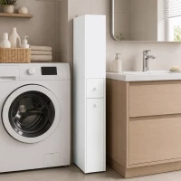 HOMCOM Dulap Baie Slim cu Organizator Glisant pe Roți, Sertar și Raft Reglabil, MDF, 18 x 40 x 135 Cm, Alb(m-9)