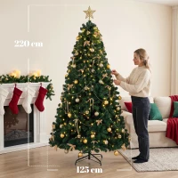 HOMCOM Dekorativer Weihnachtsbaum 230 cm mit 296 LEDs 755 feuerhemmende Zweige Spitze 42 Kugeln 30 Schleifen Deko Gold Grün(m-3)