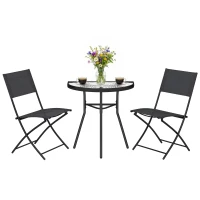 Outsunny Ensemble Bistro d'Extérieur, Mobilier de Patio 3 Pièces avec Chaises Pliantes, Table en Verre Semi-Circulaire, Noir(m-12)