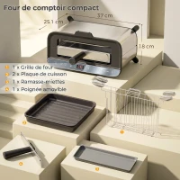 HOMCOM Mini-Four Électrique 3-en-1 1700 W, Grille-Pain à Fente Longue, Gril de Table 4,9L, Écran LED, Minuterie 60 min, Argenté(m-3)
