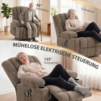 HOMCOM Fernsehsessel mit Aufstehhilfe, Elektrischer Relaxsessel mit Massage & Wärme, Liegefunktion, USB-Anschlüssen, Braun(m-5)