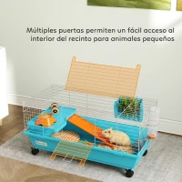 PawHut Jaula para Animales Pequeños con Ruedas Botella Comedero Dispensador de Heno para Conejos y Cobayas 89x44x43 cm Azul(m-7)