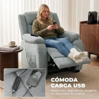 HOMCOM Sillón Relax Reclinable Eléctrico de Lino con Asiento con Muelles Reposapiés Mando USB y 2 Bolsillos Laterales Verde(m-7)