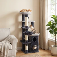 PawHut Arbre à Griffer pour Chats 148 cm avec Maisonnette 2 Niveaux 2 Couchages Hamac Poteaux en Sisal 3 Balles Gris Foncé(m-4)