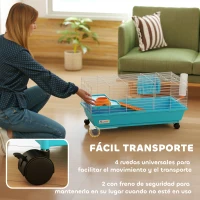 PawHut Jaula para Animales Pequeños con Ruedas Botella Comedero Dispensador de Heno para Conejos y Cobayas 89x44x43 cm Azul(m-5)