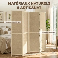 HOMCOM Paravent Interieur en Bambou 4 Panneaux 180x180cm, Séparateur de Pièce Pliable et Portable, Style Bohème, Bois Naturel(m-5)