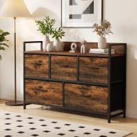 HOMCOM Commode, meuble de rangement avec 5 tiroirs en tissu pliables, plateau et cadre en acier, 98 x 29 x 63 cm, brun rustique(m-15)