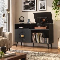 HOMCOM Record Player Stand, Vinyl Record Holder with Storage Holds Up to 300 Albums with Flip-Top Compartment, Black(m-8)
