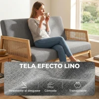HOMCOM Sofá de 2 Plazas Tapizado en Lino con Detalles Ratán Sintético Estructura de Madera Carga 240 kg 115x77x77 cm Gris(m-5)